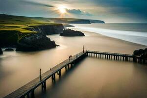 a long exposure photo of a pier in the ocean. AI-Generated