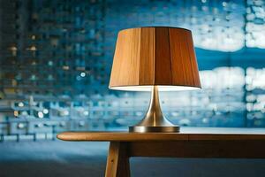 un mesa lámpara en un de madera mesa en frente de un azul pared. generado por ai foto