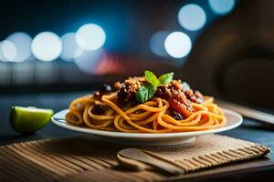 espaguetis con carne y tomate salsa en un lámina. generado por ai foto