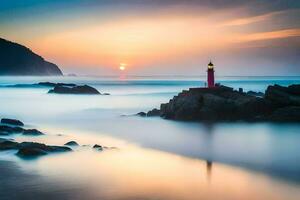 un faro soportes en el apuntalar de un playa a puesta de sol. generado por ai foto