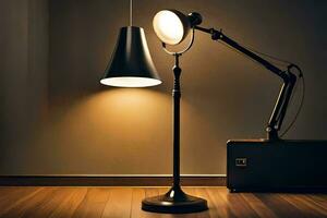 a lamp is on a wooden floor next to a suitcase. AI-Generated photo