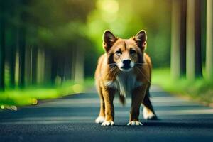 un perro en pie en el la carretera en el medio de un bosque. generado por ai foto