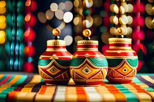 three colorful vases on a table with colorful lights. AI-Generated photo