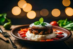 un plato con un albóndiga y machacado patatas en cima. generado por ai foto