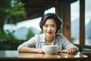 a woman sitting at a table with a cup of coffee. AI-Generated photo