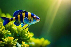 un pescado con un amarillo y azul raya es en pie en parte superior de algunos verde plantas. generado por ai foto