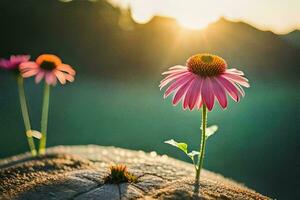 two pink flowers growing out of a rock. AI-Generated photo