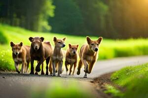 a group of dogs running down a road. AI-Generated photo