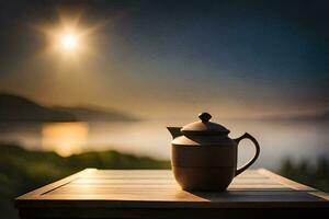 tea pot on a table in front of the sun. AI-Generated photo