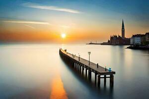 a long exposure photo of a pier in the water. AI-Generated