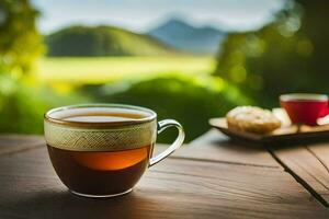 a cup of tea on a table in the mountains. AI-Generated photo