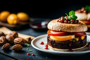 a hamburger with fruit and nuts on a plate. AI-Generated photo