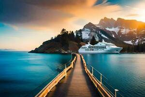 a cruise ship in the ocean with mountains in the background. AI-Generated photo