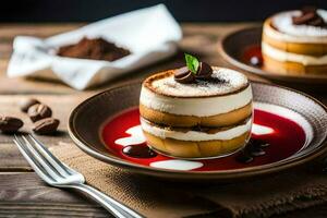 tiramisu dessert on a plate. AI-Generated photo