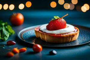 un fresa tarta con crema y bayas en un negro lámina. generado por ai foto