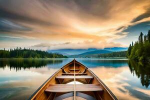 the boat is on the lake at sunset. AI-Generated photo