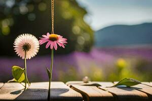 two pink flowers sit on a wooden table. AI-Generated photo