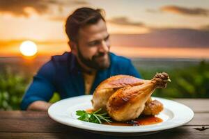 a man is sitting at a table with a chicken on it. AI-Generated photo