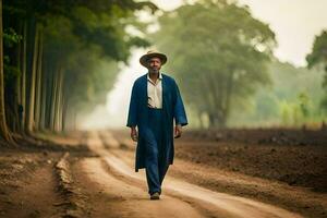 a man in a blue suit and hat walking down a dirt road. AI-Generated photo