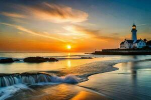 the sun sets over a lighthouse and waves on the beach. AI-Generated photo