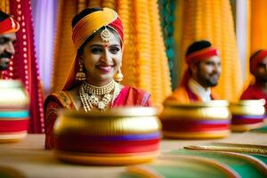 a bride and groom in traditional indian attire. AI-Generated photo