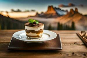 a dessert on a plate with a mountain view. AI-Generated photo