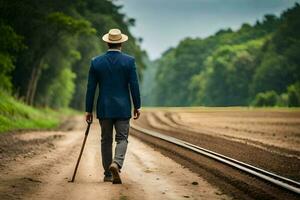 a man in a suit and hat walking down a dirt road. AI-Generated photo