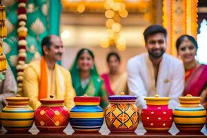 a group of people in indian attire are sitting around a table with colorful pots. AI-Generated photo