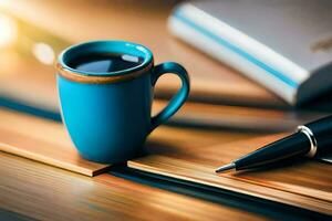 coffee, pen, books, the table, hd wallpaper. AI-Generated photo