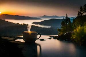 the cup of coffee, the sunrise, mountains, lake, hd wallpaper. AI-Generated photo