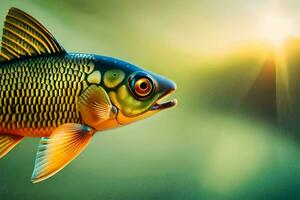 un pescado con brillante verde ojos y amarillo aletas generado por ai foto