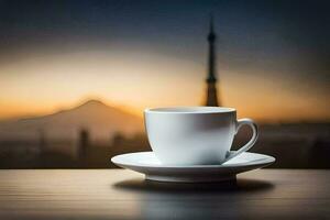 coffee cup on the table with the eiffel tower in the background. AI-Generated photo