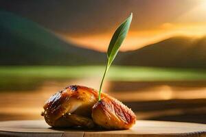 a chicken on a wooden board with a green stem. AI-Generated photo