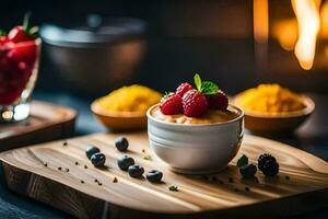 a dessert with berries and a bowl of berries. AI-Generated photo