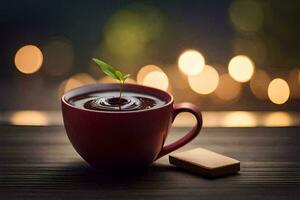 un taza de café con un planta en el mesa. generado por ai foto