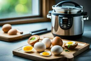 an electric pressure cooker with eggs and a cutting board. AI-Generated photo