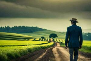 un hombre en un traje y sombrero camina abajo un suciedad la carretera. generado por ai foto