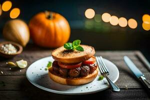 a sandwich with tomatoes and mushrooms on a plate. AI-Generated photo