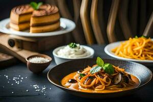 un plato de pasta con salsa y otro platos. generado por ai foto