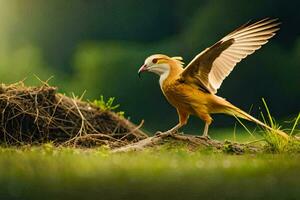 a bird is standing on the grass with its wings spread. AI-Generated photo