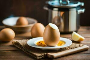 an egg on a plate next to a pot. AI-Generated photo