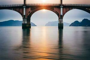 a bridge spanning over water at sunset. AI-Generated photo