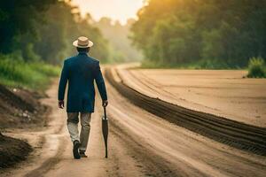 un hombre en un traje y sombrero caminando abajo un suciedad la carretera. generado por ai foto