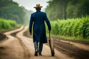 un hombre en un azul traje y sombrero caminando abajo un suciedad la carretera. generado por ai foto