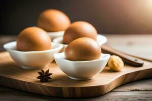 brown eggs in bowls on a wooden cutting board. AI-Generated photo
