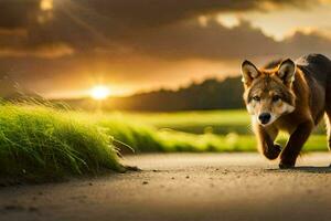 a dog running on a road at sunset. AI-Generated photo