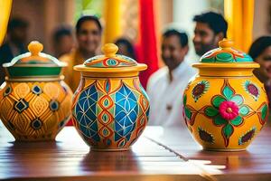 three colorful vases on a table with people in the background. AI-Generated photo