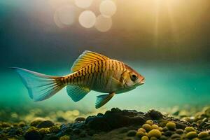 un pescado es nadando en el agua con luz de sol brillante. generado por ai foto