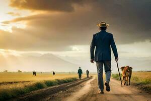 un hombre caminando con su vacas en un suciedad la carretera. generado por ai foto