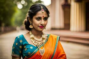 a beautiful indian woman in an orange sari. AI-Generated photo